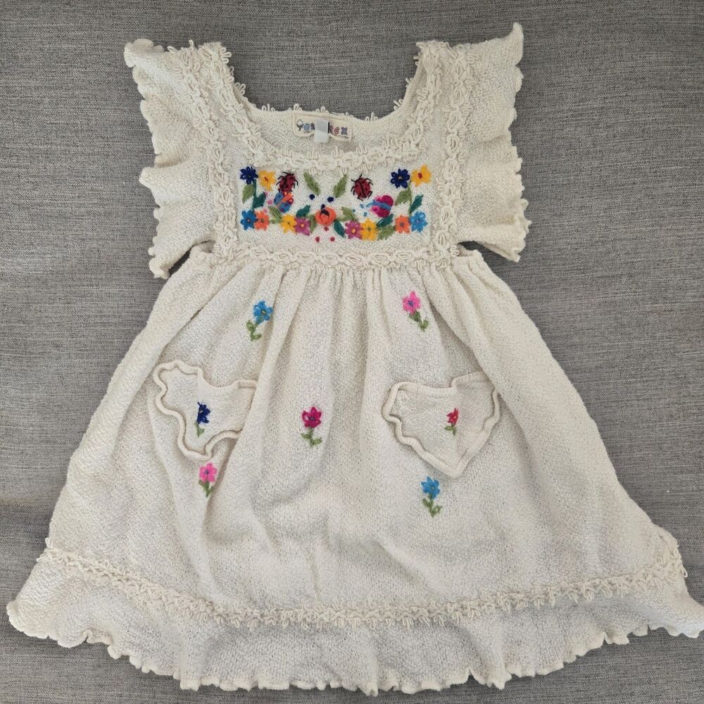 Handmade Peru Cotton Knit Dress Embroidery Toddler Size 4 Ladybugs Flowers